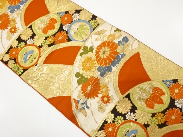 JAPANESE KIMONO / ANTIQUE FUKURO OBI / WOVEN KIKU & PAULOWNIA